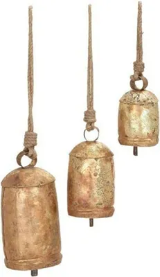 Image de Set de 3 cloches de vache en laiton dans le style shabby chic, métal rustique à suspendre, décoration de cloche de vache géante