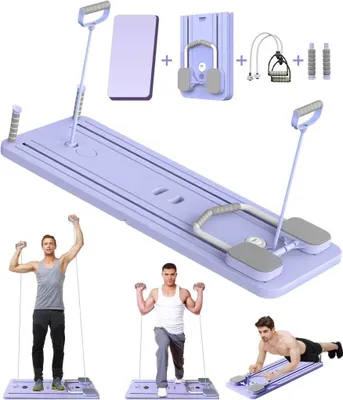Produktbild von Zusammenklappbares Pilates-Board mit Bauchroller und Widerstandsband, lila – Bauchmuskeltrainer – Pilates-Trainer