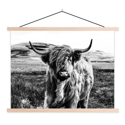Produktbild von MuchoWow® Textilposter Schwarz - Weiß - Schottischer Highlander - Gras 60x45 cm mit holzfarbenen Rahmen - Bild