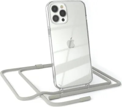 Produktbild von EAZY CASE Handykette für Apple iPhone 12 Pro Max, Clear Case aus Silikon, mit Umhängeband, abnehmbare Endstücke, Handyband in Beige