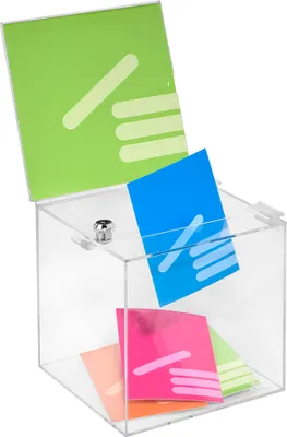 Produktbild von Losbox aus Acrylglas in 200x200x200mm mit Schloß und Topschild 210x210mm - Zeigis® / Spendenbox / Aktionsbox / Gewinnspielbox / transparent / durchsichtig / Acryl /abschließbar / versperrbar