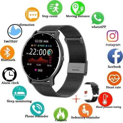 A smart watch with various feature icons surrounding it.