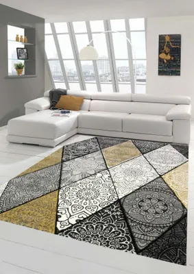 Zdjęcie produktu dla Dywan nowoczesny dywan salon diamenty z ornamentami w kolorze szary musztardowy żółty kremowy rozmiar - 80 x 150 cm