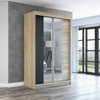 Produktbild von Schwebetürenschrank, 2-türig Schrank mit Spiegel! Moderne Garderobe für Kleidung. Verschiedene Farben (Weiß, Schwarz, Somona) Kleiderschrank NEO 120 cm