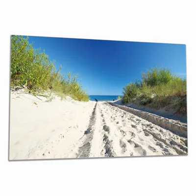 Produktbild von Wallario Herdabdeckplatte aus Glas, Größe 80 x 52 cm 1-teilig, Motiv Auf dem Sandweg zum Strand - Blauer Himmel über dem Meer