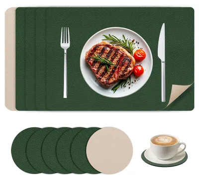 Platzsets aus Kunstleder, 6er-Set, 42x30 cm, grün/beige, waschbar