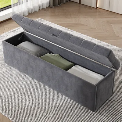 Produktbild von Flieks Sitztruhe Sitzbank mit Stauraum, Polsterbank Sitzhocker Truhe Hocker für Schlafzimmer, 138x41x42cm, Samt, Grau