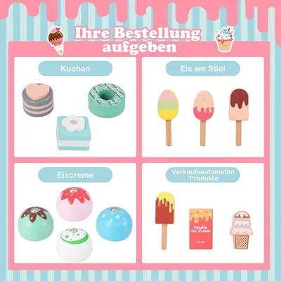 Produktbild von Eiswagen Kinder mit Eiscreme Spielzeug Kaufladen Holz mit Eismaschine Rosa