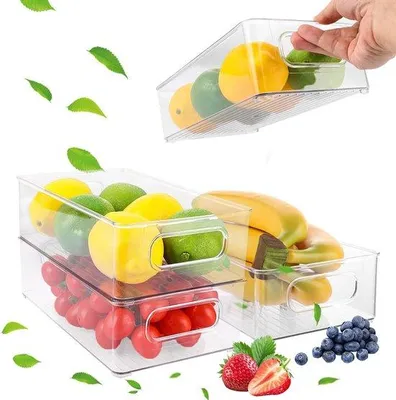 Obrázok produktu pre Sada 4 priehľadných kuchynských organizérov, stohovateľné úložné skrinky do kuchyne, na potraviny, do mrazničky, na ovocie, do kancelárie a do kúpeľne