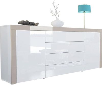 Vladon Sideboard Kommode La Paz,  Germany, Korpus in Weiß Hochglanz / Front in Weiß Hochglanz mit Rahmen in Sandgrau Hochglanz
