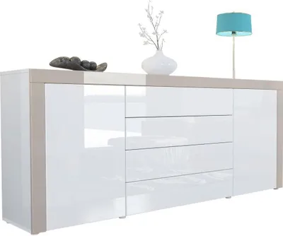 Produktbild von Vladon Sideboard Kommode La Paz,  Germany, Korpus in Weiß Hochglanz / Front in Weiß Hochglanz mit Rahmen in Sandgrau Hochglanz