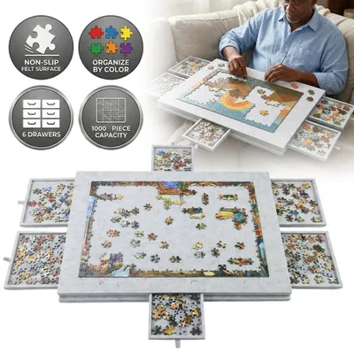 Produktbild von Filz-Puzzlebord - Für 1000 Teile - 6 Schubladen - Mit Ständer - Schutzabdeckung - Tragbar