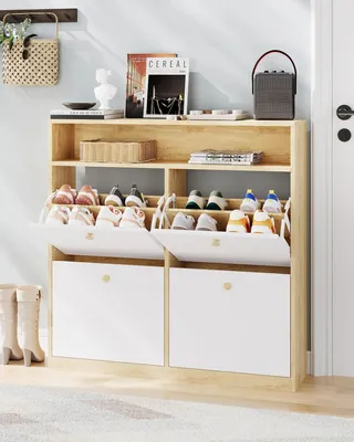 Zdjęcie produktu dla Półka na buty oszczędzająca miejsce - komoda na buty - 4 składane przegródki - otwarta półka - drewniane uchwyty - wolnostojąca - biała
