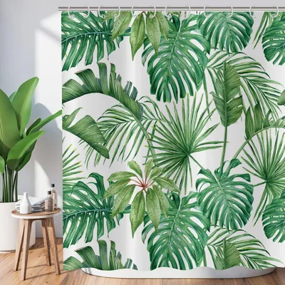 Image de Rideau de douche avec motif de feuilles tropicales, 180 x 180 cm – imperméable, motif de palmiers, tissu polyester lavable