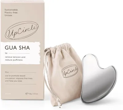 Productafbeelding van Gua Sha gezichtsmassageapparaat - Vermindert spanning, bevordert de lymfedrainage en verbetert de bloedcirculatie voor een gezonde, stralende huid. Gemaakt van roestvrij staal