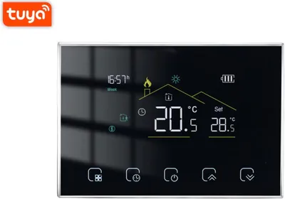 A digital thermostat display with a black screen showing temperature and time.