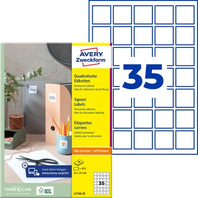 Produktbild von Avery Zweckform L7120-25, Quadratische Etiketten, A4, 35 x 35 mm, 875 Etiketten / 25 Bögen, weiß