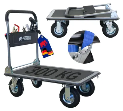 Produktbild von Klappbarer Profi-Transportwagen BIG RHINO 300 mit Werkzeugtasche & 6 Sicherungsösen | Traglast 300kg | Luftbereifung | 2x 360° Lenkrollen & 2x Bockrollen mit Feststellbremse | Plattformwagen Transporthilfe Handwagen