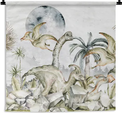 Produktbild von MuchoWow® Wandteppich Wandbehang Dinosaurier - Kinder - Dschungel - Grün - Tiere - Natur 90x90 cm Tapisserie Dekoration Wandtuch - Wandaufhänger