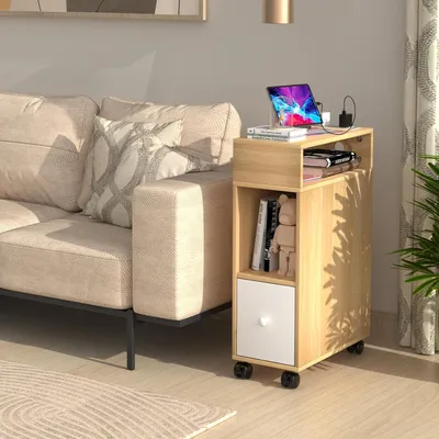 Produktbild von Nachttisch mit Rollen Schmal,Beistelltisch Sofatisch mit Ladestation ür Kleine Räume, Stabil und Robust, für Wohnzimmer, Schlafzimmer, 70x25x50cm