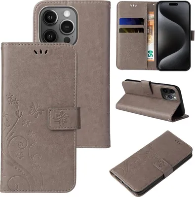 Produktbild von Handyhülle für Apple iPhone 15 Pro Max Floral Blumen Schmetterling Flip Cover Hülle Case Klapphülle Handytasche Farbe: Grau