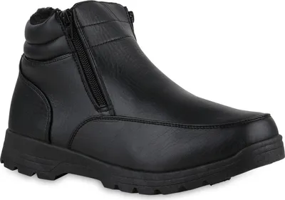 A black winter boot is shown against a white background.