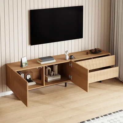 Produktbild von okwish TV-Schrank Fernsehschrank Lowboard mit Doppelschublade,TV-Ständer mit schwarzen Metallbeinen,Fernsehbank mit Kabeldurchführungen,Natur
