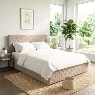Produktbild von Komvortowy | Polsterbett 140x200 Cm | WABENMUSTER | Doppelbett Mit Metall-Lattenrost & Gasdruckfeder | BEIGE | Bettkasten Ohne Bodenplatte | Stauraumbett | Hochklappbar