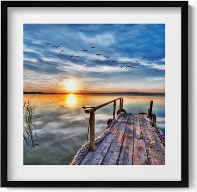 Produktbild von See bei Sonnenuntergang– Wandbild mit Rahmen – Gerahmtes Bild  – Wanddekoration – 50x50 cm –  Schwarz Rahmen