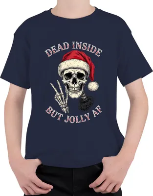 Produktbild von Dead Inside But Jolly AF Skelett Totenkopf Weihnachtsmütze Gothic Uni Kinder T-Shirt, Navy, 152