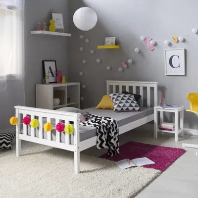 Produktbild von Homestyle4u 1416, dřevěná postel dětská postel 90x200, postel pro mládež s roštovým rámem, bílá, masivní borovicové dřevo