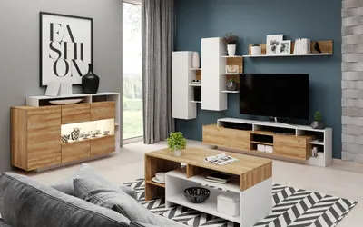 Produktbild von Wohnwand ALVA 260 cm+ Kommode + Couchtisch Schrankwand Wohnzimmer-Set Eiche Grandson/ Weiß