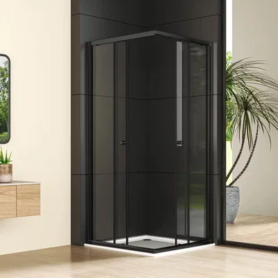 Produktbild von Eckeinstieg Duschkabine 80x80x185cm Schiebetür, Duschschiebetür Duschabtrennung Doppel Schiebetür mit 6mm ESG Glas, Mattes Schwarz Duschwand Sicherheitsglas, Duschtür Höhe 185cm