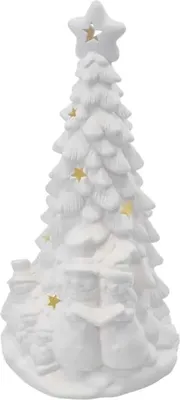 Imagen del producto de Árbol de Navidad LED de cerámica con figuras de muñecos de nieve, 33,5 cm, funciona con 2 pilas AA, para uso en interiores, luz blanca cálida