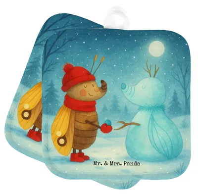 Produktbild von Mr. & Mrs. Panda Topfuntersetzer Nachtfalter Schneemann Design - Weiß - Geschenk, Weihnachtsgruß, Weihnachten, Topflappen, Set, Winter, Winterzeit, Ofenlappen, Kochlappen