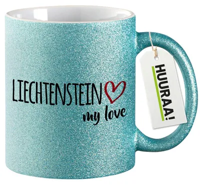 Produktbild von Huuraa Glitzertasse Liechtenstein my love 330ml Blau Keramik Kaffeebecher Geschenkidee