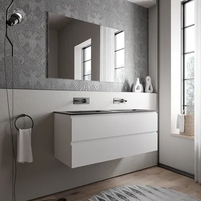 Produktbild von Unterschrank AVA 120 cm mit Mineralguss Waschbecken CREAM - Farbe wählbar, Auswahl Waschbecken:Schwarz matt ohne Hahnloch, Farbe Badmöbel:Weiß matt