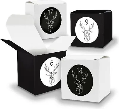 Produktbild von Adventskalender zum Füllen 24x Würfel 5cm Schwarz Weiß + Sticker (V17 Z48)