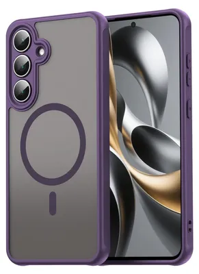 A purple and gray phone case is shown next to a smartphone.