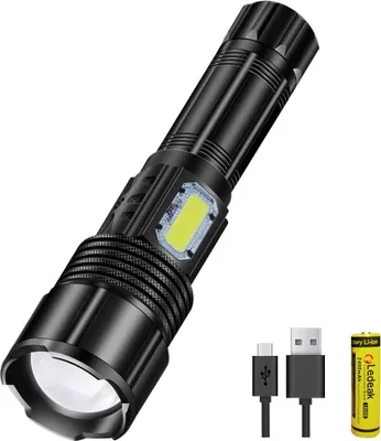 Produktbild von Ultrastarke LED-Taschenlampe, wiederaufladbare CREE P50-Taschenlampe mit 3000 Lumen, superhell, 5 Beleuchtungsmodi, wasserdichte Taschenlampe mit 18650-Akku für Camping und Wandern