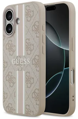 Imagen del producto de Funda para iPhone 17 de la marca GUESS, tipo hardcase con estampado de rayas y compatible con MagSafe, color rosa