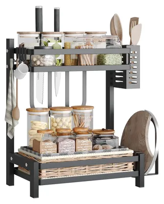 Produktbild von Multifunktionales, freistehendes Gewürzregal, 2 Etagen, Gewürzständer/Gewürzhalter aus Edelstahl, Küchenorganizer für die Arbeitsplatte mit Besteckhalter, Schneidebretthalter, Haken, schwarz