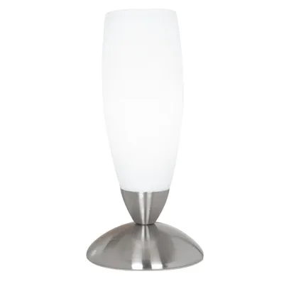 Produktbild von EGLO Tischlampe Slim, Tischleuchte, Nachttischlampe aus Metall und Glas, Wohnzimmerlampe in Nickel-Matt, Weiß, Lampe mit Schalter, E14 Fassung