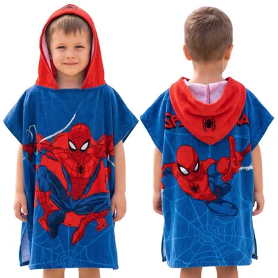 Produktbild von MARVEL Spider-Man Schwimmhandtuch, schnelltrocknender Poncho mit Kapuze für Kinder für den Strand, 100 % Baumwolle, 50 x 115 cm,