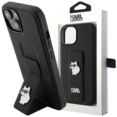 Produktbild von Karl Lagerfeld Gripstand Saffiano Choupette Pins - iPhone 15 Hülle (Schwarz)
