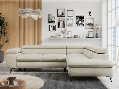 Produktbild von Ecksofa Sofa Beige, Wohnlandschaft L-Form mit Schlaffunktion und Bettkasten, Schlafsofa mit Bettkasten, Sofa mit Einstellbare Kopfstützen, Peter L - Beige Velvet - Rechts Beige