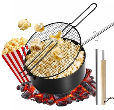 Camping-Popcornpfanne, antihaftbeschichtet, mit Deckel, Holzgriff, schwarz