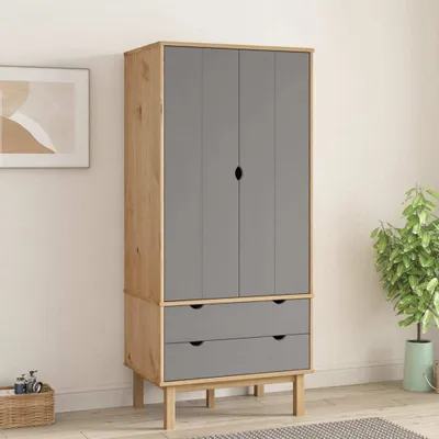 Productafbeelding van vidaXL Garderobekast OTTA Bruin & Grijs 76,5x53x172 cm Massief grenenhout - Garderobekast - Kledingkasten - Kast - Houten kast