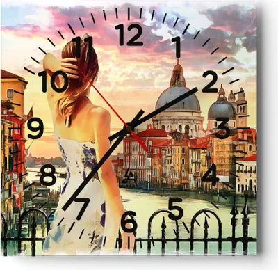 Produktbild von Wanduhr - Quadrat - Glasuhr - Venedig Brücke Wasser - 40x40cm - Schleichendes Uhrwerk - Lautlos - zum Aufhängen bereit - Dekoration Modern - Wanddekoration aus Glas - C4AC40x40-3495