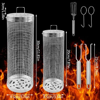 Produktbild von BundiGlassware Grillkorb Edelstahl, zylindrisch, rollend, mit abnehmbarem Griff, 30cm + 20cm, 2 Stück, für Gemüse, Pommes, Fleisch, rostfrei, lebensmittelecht, große Kapazität, für Camping & Grill, inkl. Grillbürste